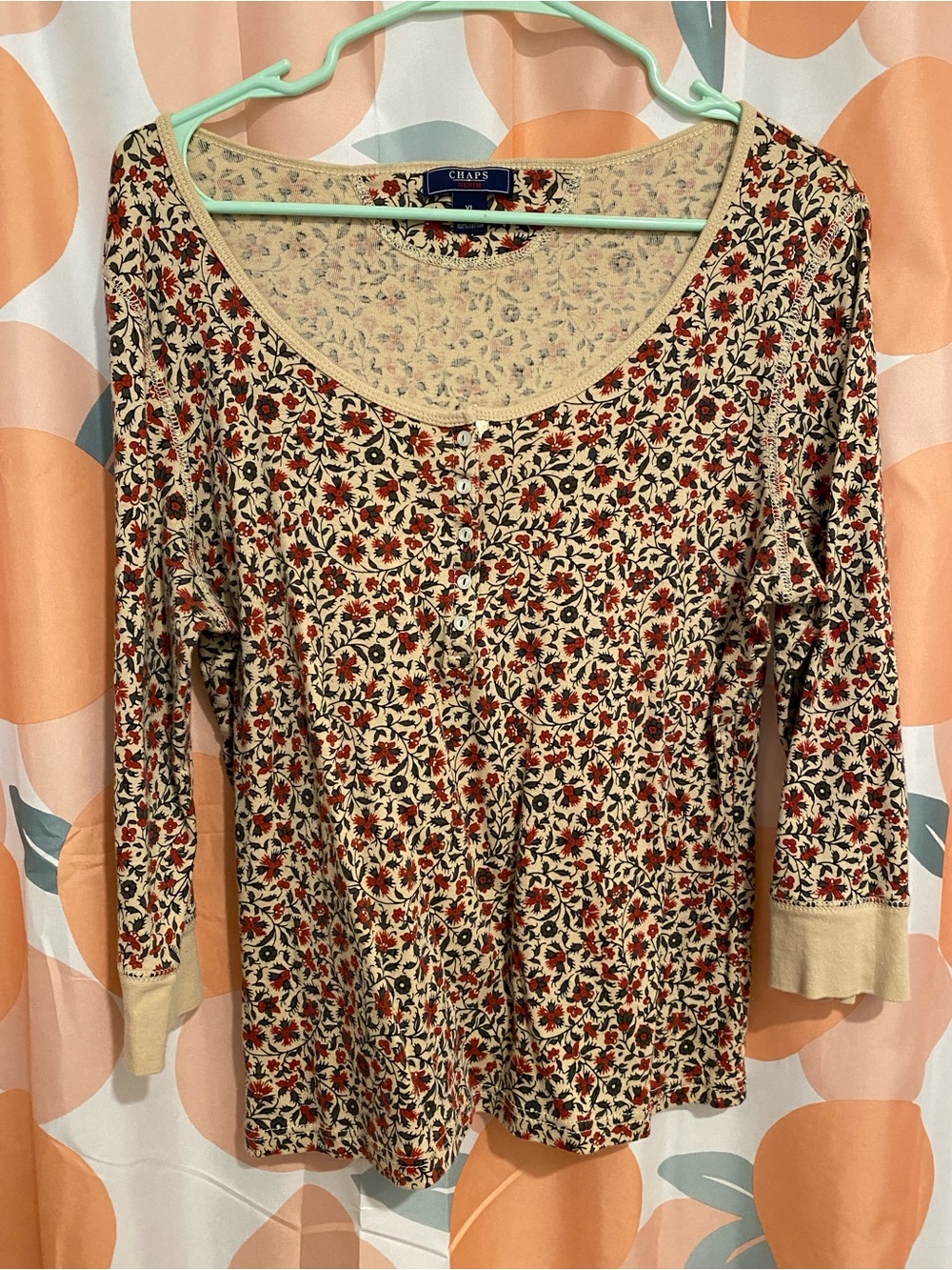 Chaps Tan and Red Floral Scoop Neck 3/4 Sleeve Henley Top